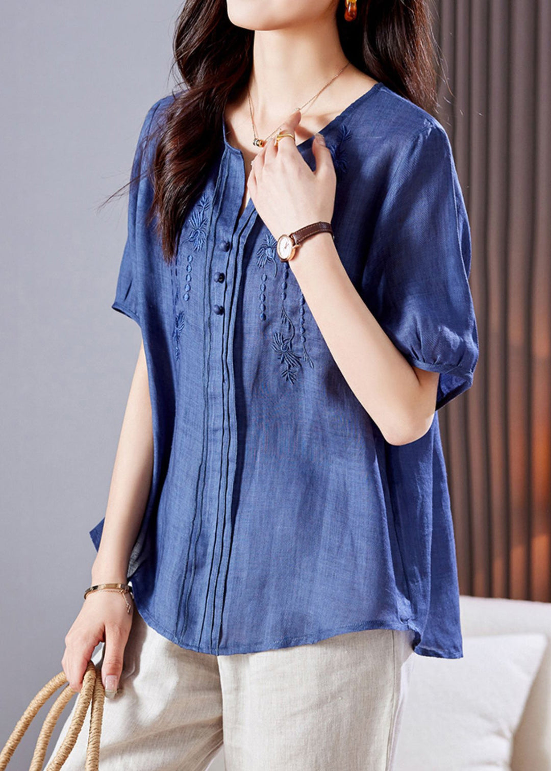 Blue Linen Top Embroidered Wrinkled Summer