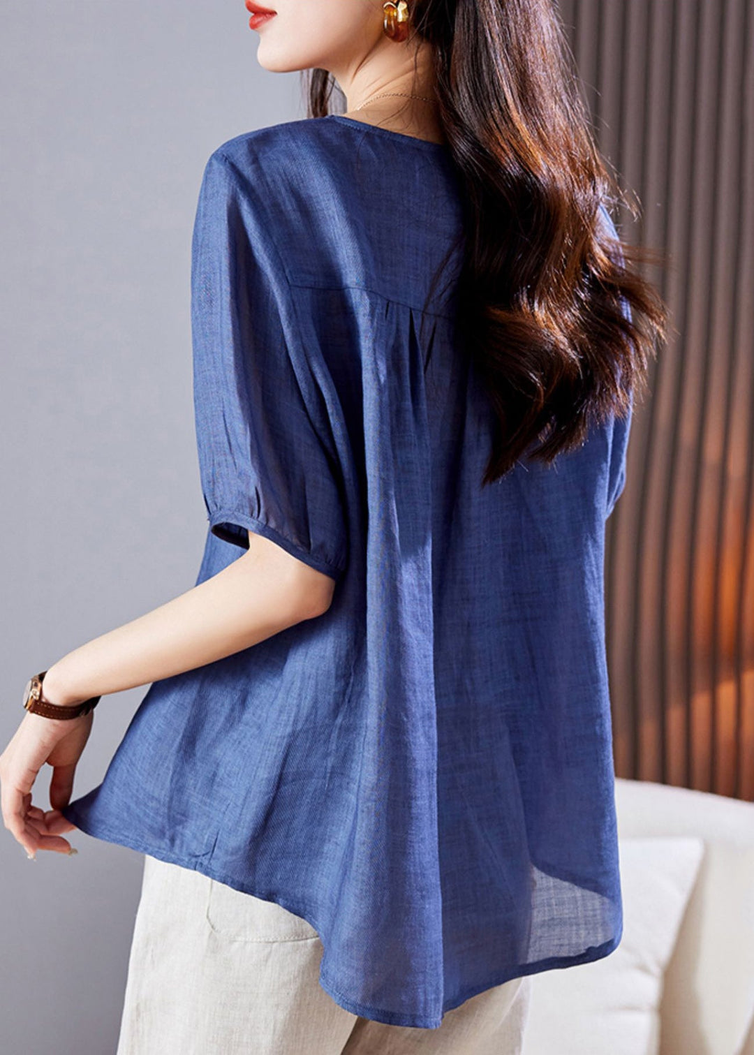 Blue Linen Top Embroidered Wrinkled Summer