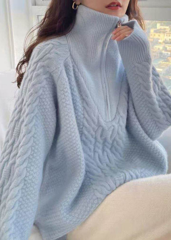 Blue Loose Thick Knit Pullover High Neck Winter