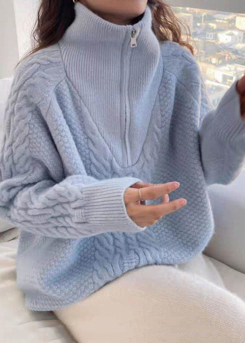 Blue Loose Thick Knit Pullover High Neck Winter
