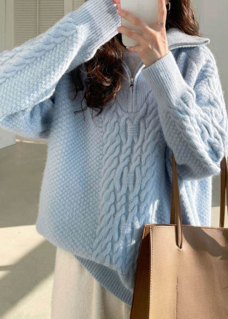 Blue Loose Thick Knit Pullover High Neck Winter