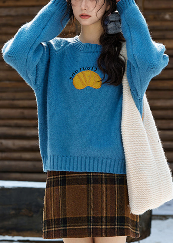 Blue O-Neck Patchwork Cozy Cotton Knit Sweater Fall