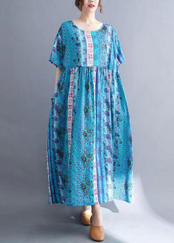 Blue O-Neck Patchwork Maxi Dresses Summer