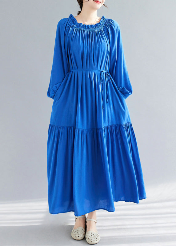 Blue O-Neck Ruffled Patchwork Chiffon Maxi Dress Spring