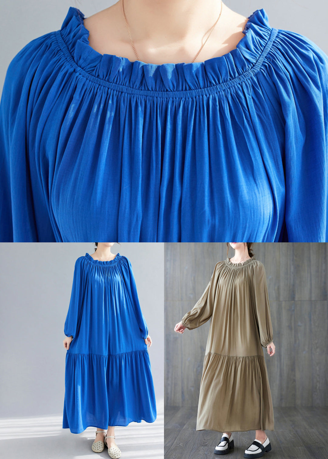 Blue O-Neck Ruffled Patchwork Chiffon Maxi Dress Spring
