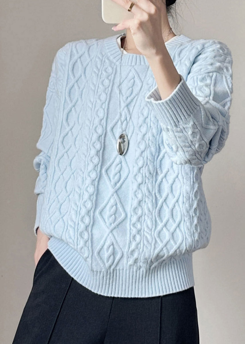 Blue O-Neck Solid Cable Cotton Knit Sweaters Fall