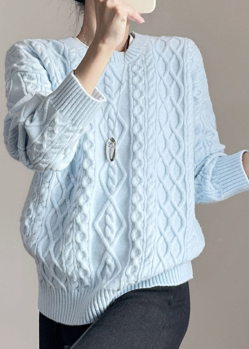 Blue O-Neck Solid Cable Cotton Knit Sweaters Fall