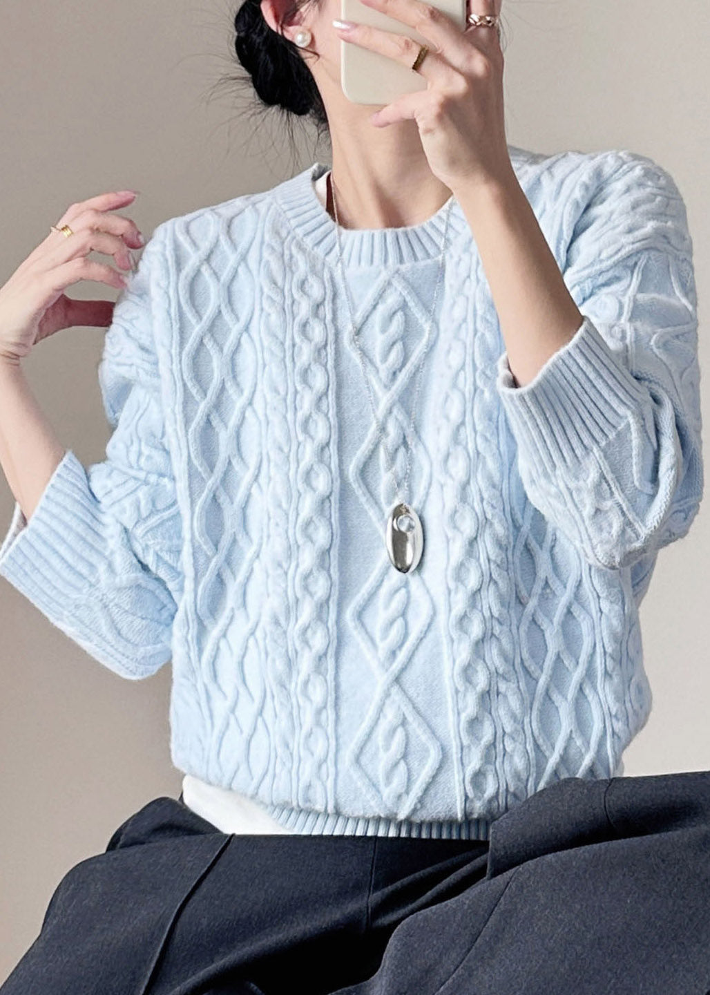 Blue O-Neck Solid Cable Cotton Knit Sweaters Fall