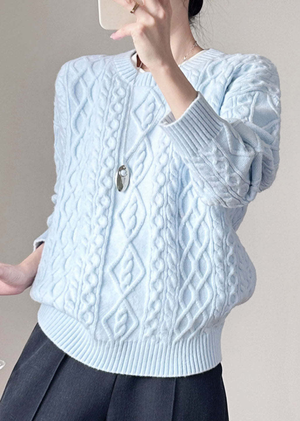 Blue O-Neck Solid Cable Cotton Knit Sweaters Fall