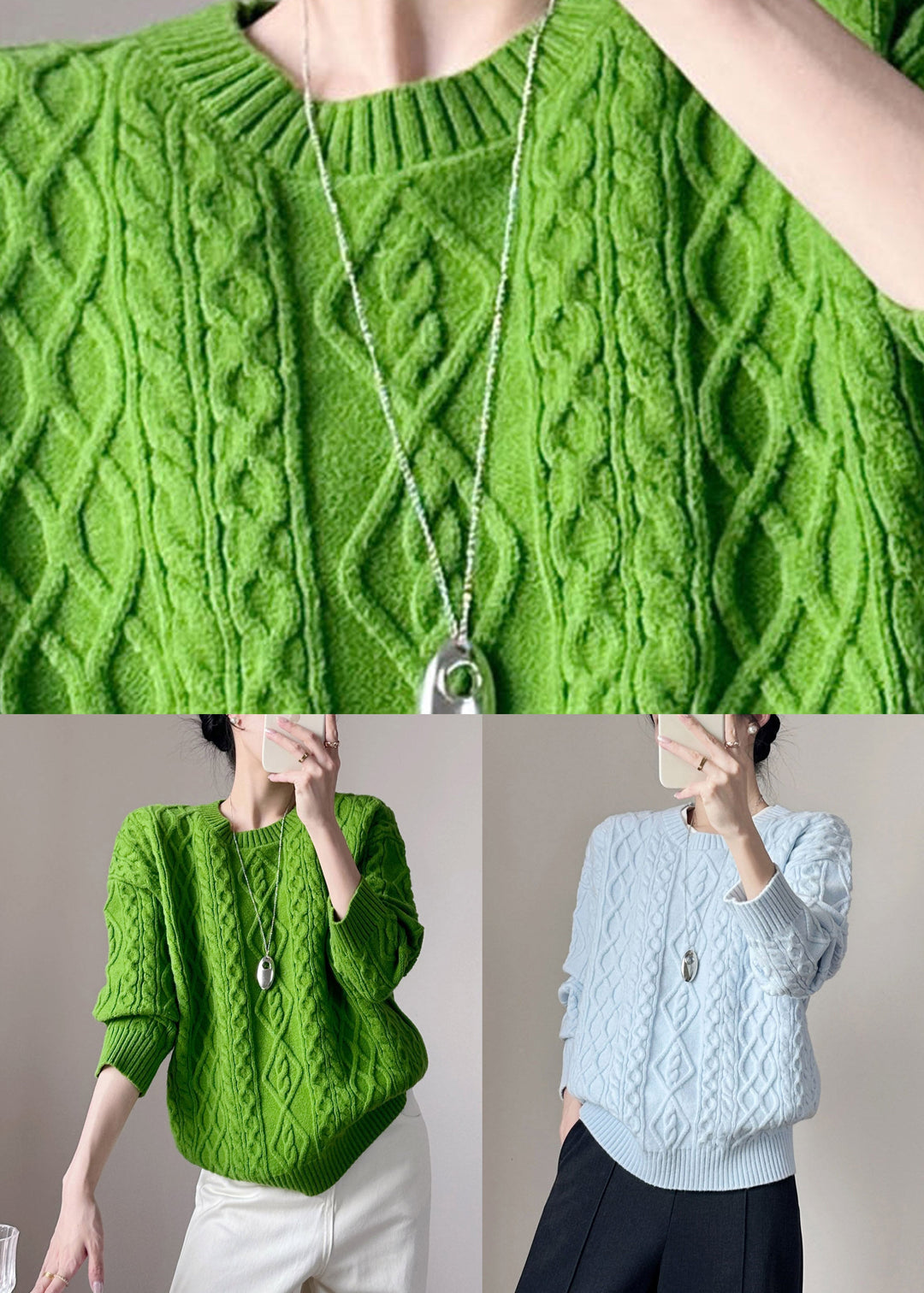 Blue O-Neck Solid Cable Cotton Knit Sweaters Fall