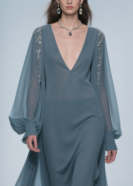 Blue Original Design Solid Chiffon Dress V Neck Lantern Sleeve