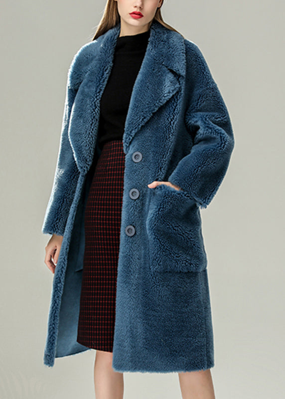 Blue Patchwork Button Faux Fur Solid Maxi Coats Winter