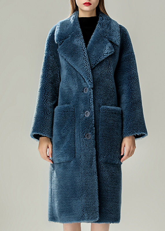 Blue Patchwork Button Faux Fur Solid Maxi Coats Winter