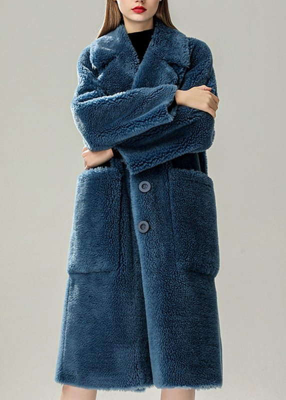 Blue Patchwork Button Faux Fur Solid Maxi Coats Winter