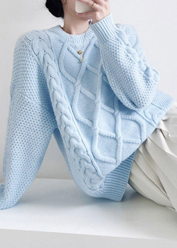 Blue Patchwork Cable Cotton Knit Knit Shirts Long Sleeve
