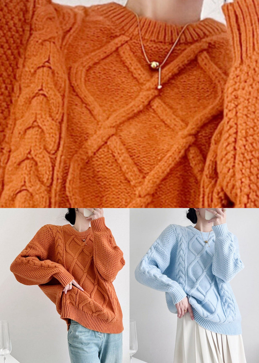Blue Patchwork Cable Cotton Knit Knit Shirts Long Sleeve