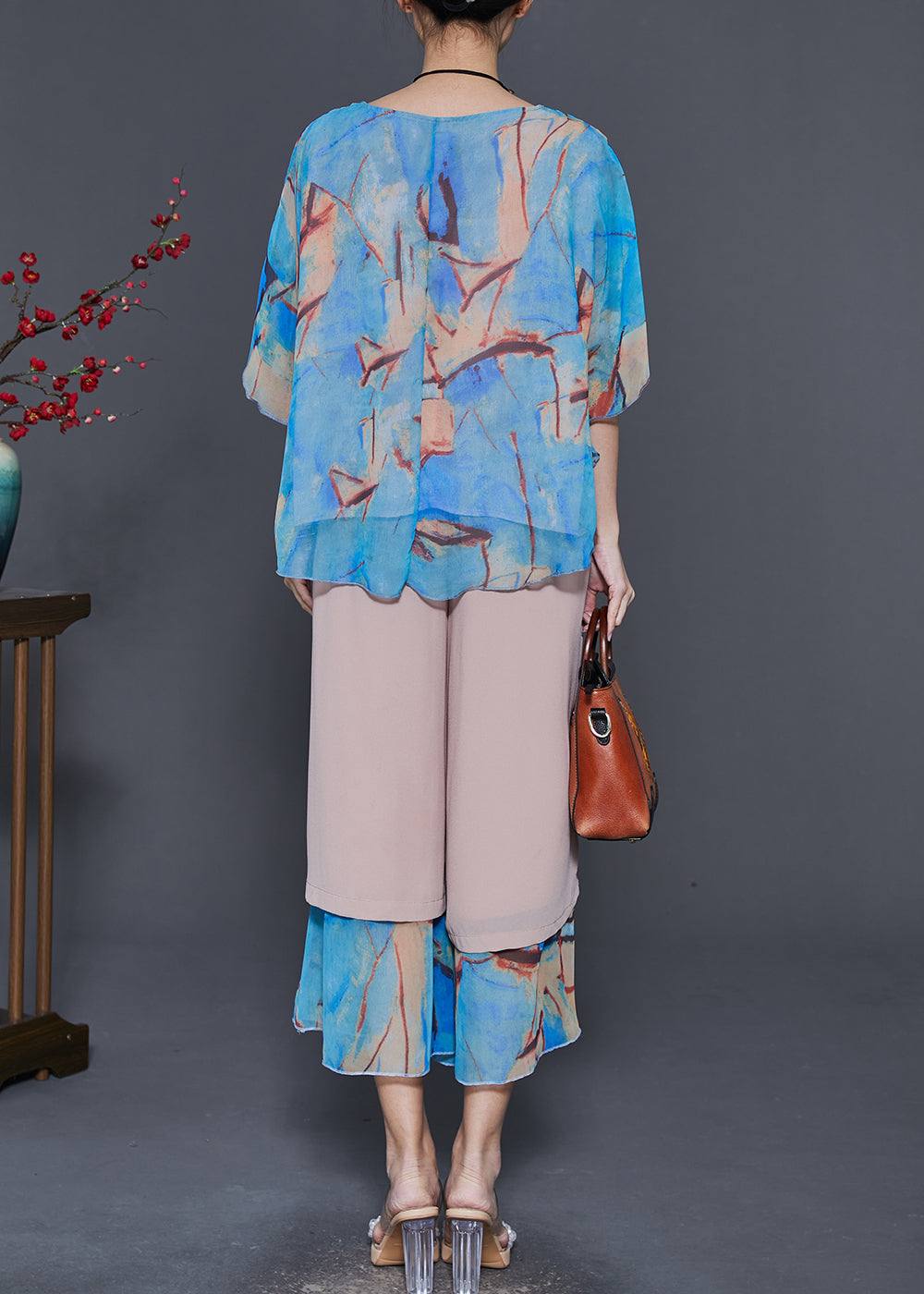 Blue Patchwork Chiffon Women Sets 2 Pieces Oversized Summer