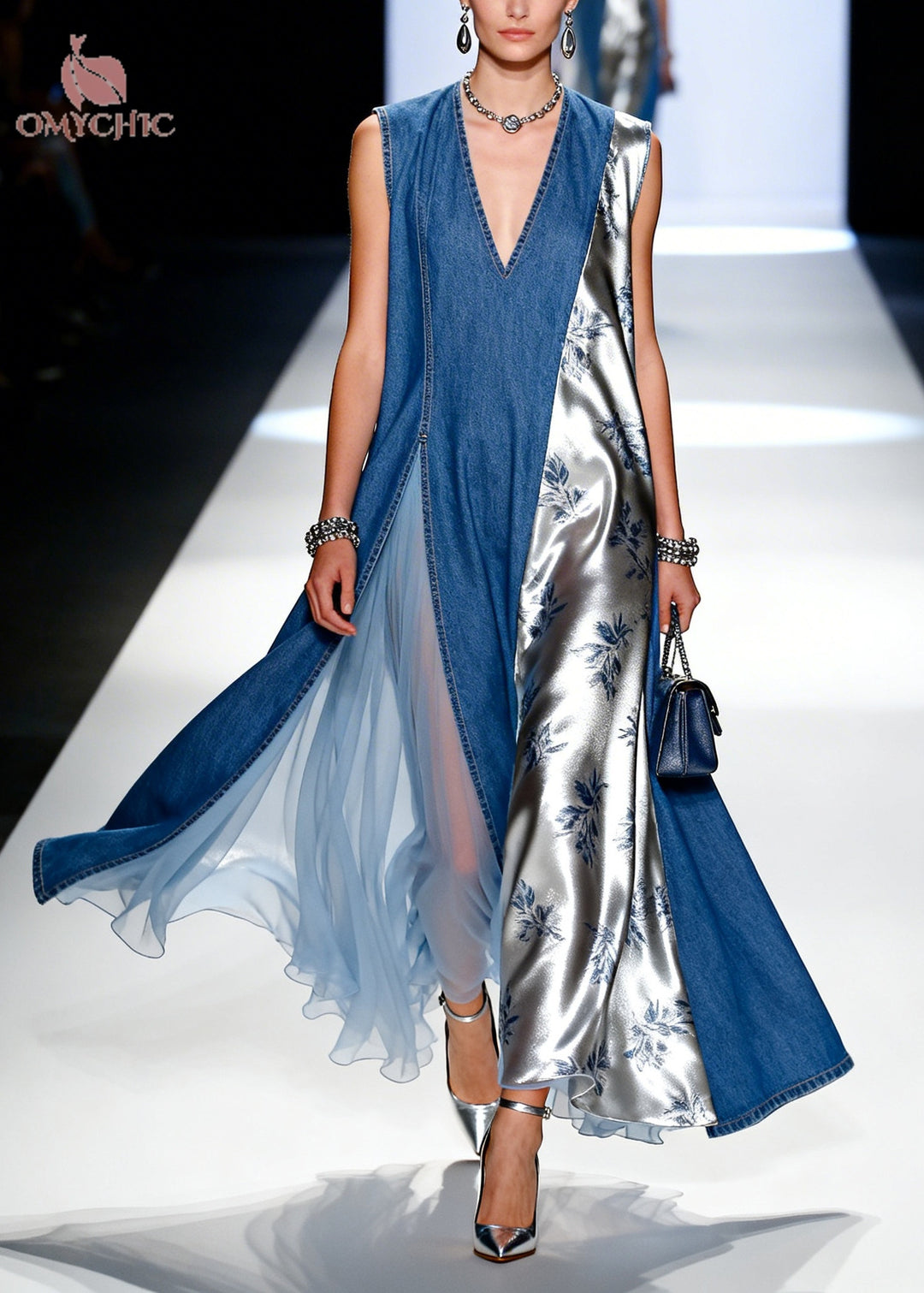 Blue Patchwork Denim Holiday Dress Asymmetrical Design Sleeveless