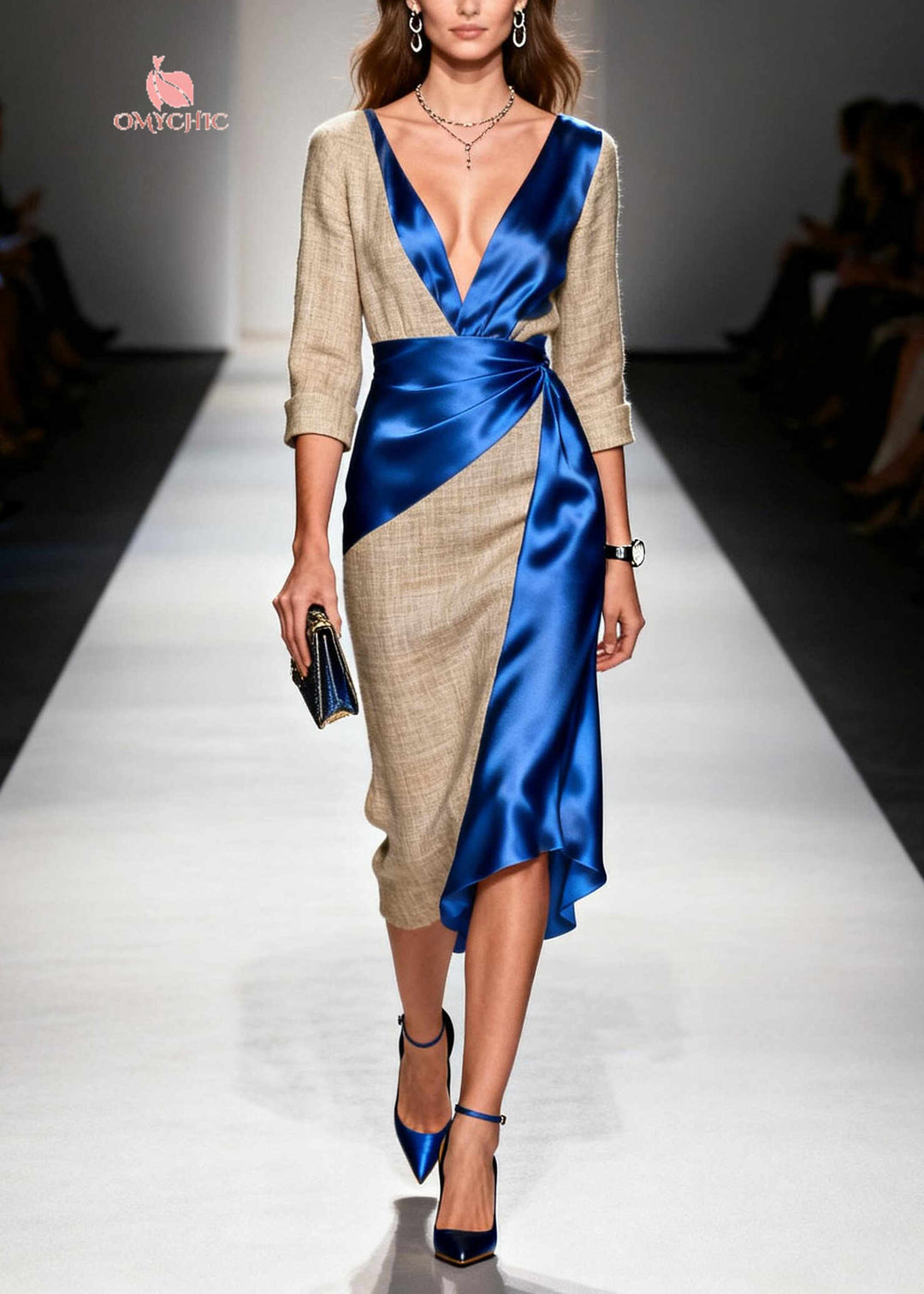Blue Patchwork Linen Silk Dress Asymmetrical Design Summer