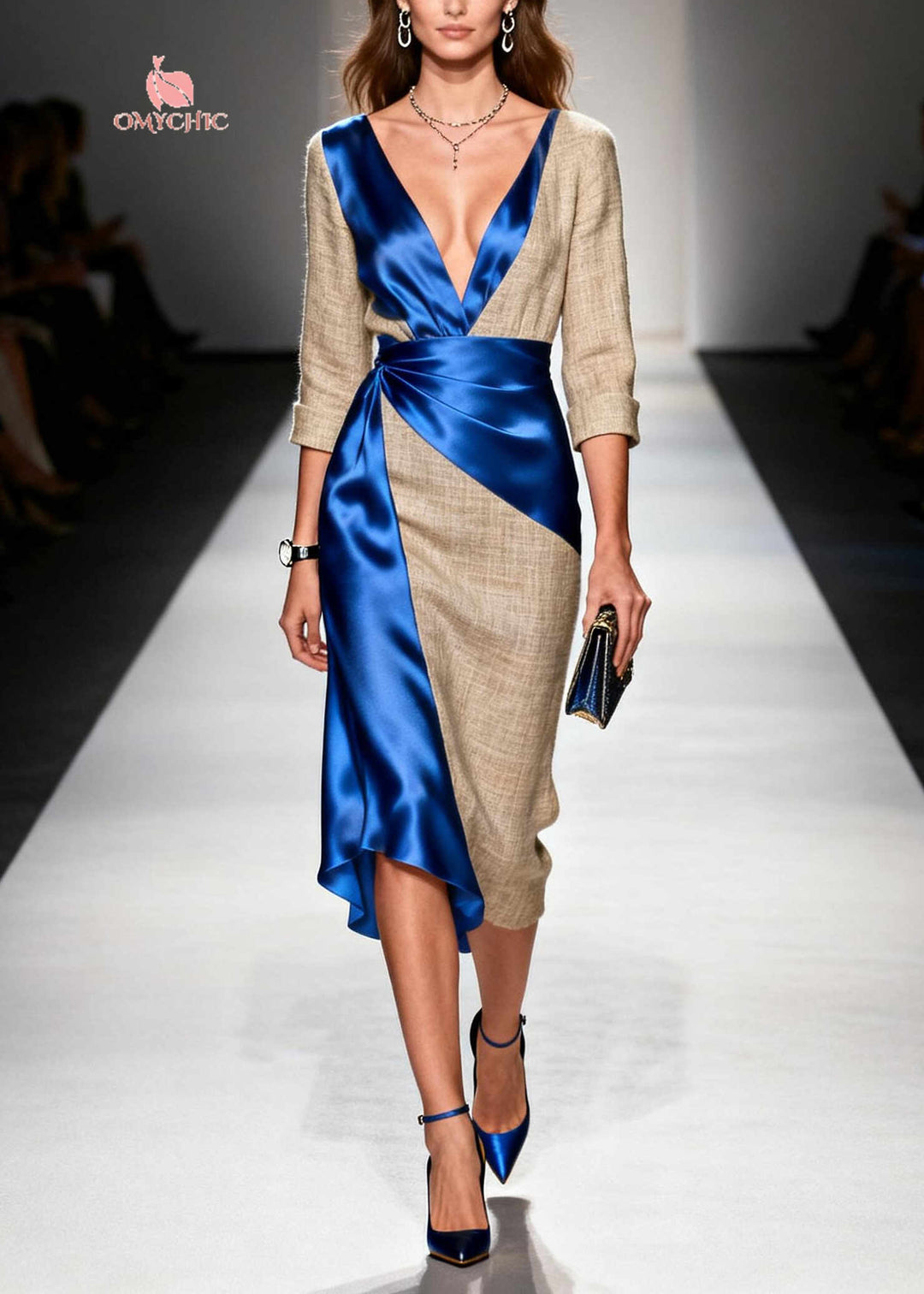 Blue Patchwork Linen Silk Dress Asymmetrical Design Summer