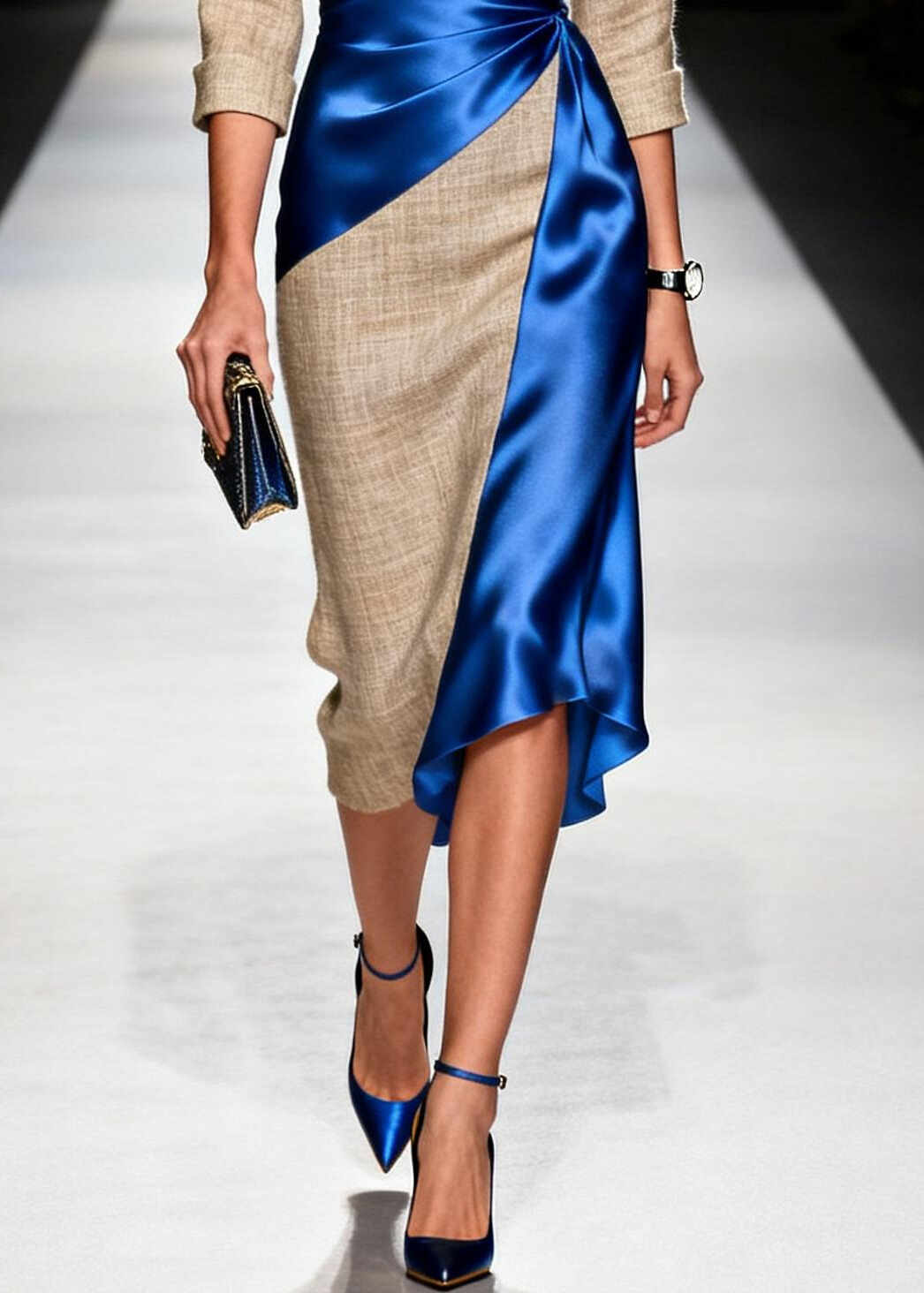 Blue Patchwork Linen Silk Dress Asymmetrical Design Summer