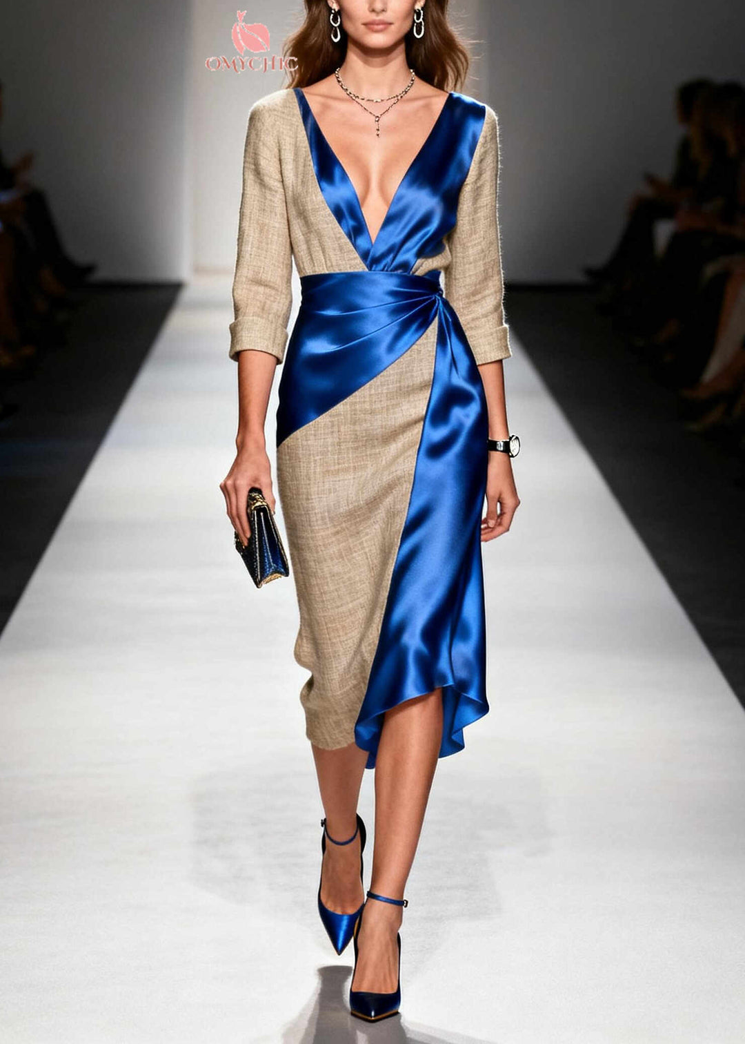 Blue Patchwork Linen Silk Dress Asymmetrical Design Summer