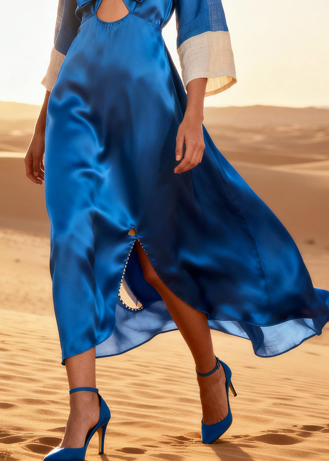 Blue Patchwork Silk Holiday Dress Bow Side Open Summer