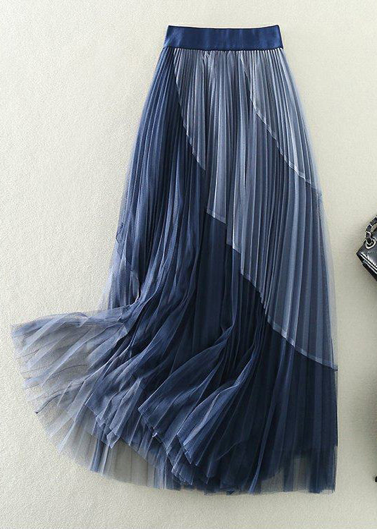 Blue Patchwork Tulle Pleated Skirts Exra Large Hem Spring - Omychic