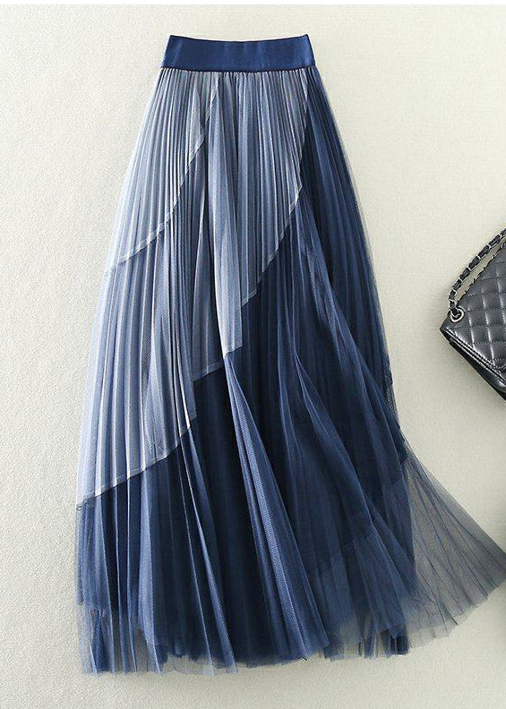 Blue Patchwork Tulle Pleated Skirts Exra Large Hem Spring - Omychic