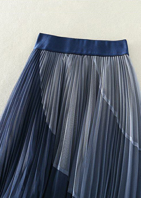Blue Patchwork Tulle Pleated Skirts Exra Large Hem Spring - Omychic