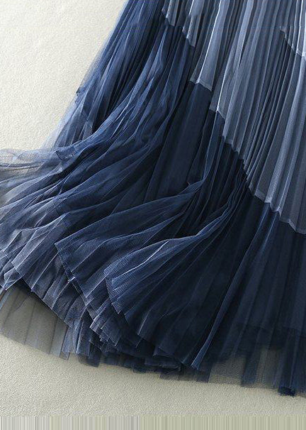 Blue Patchwork Tulle Pleated Skirts Exra Large Hem Spring - Omychic