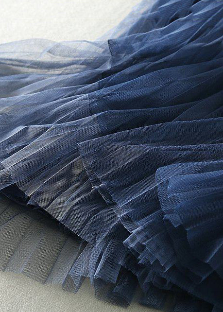 Blue Patchwork Tulle Pleated Skirts Exra Large Hem Spring - Omychic