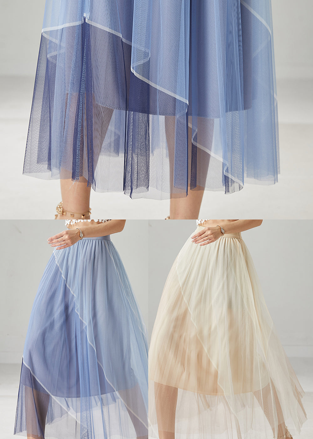 Blue Patchwork Tulle Vacation Skirts Elastic Waist Summer