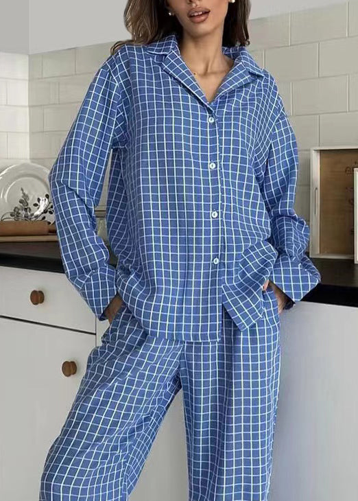 Blue Plaid Cotton Pajama Two Pieces Sets Oversized Fall
