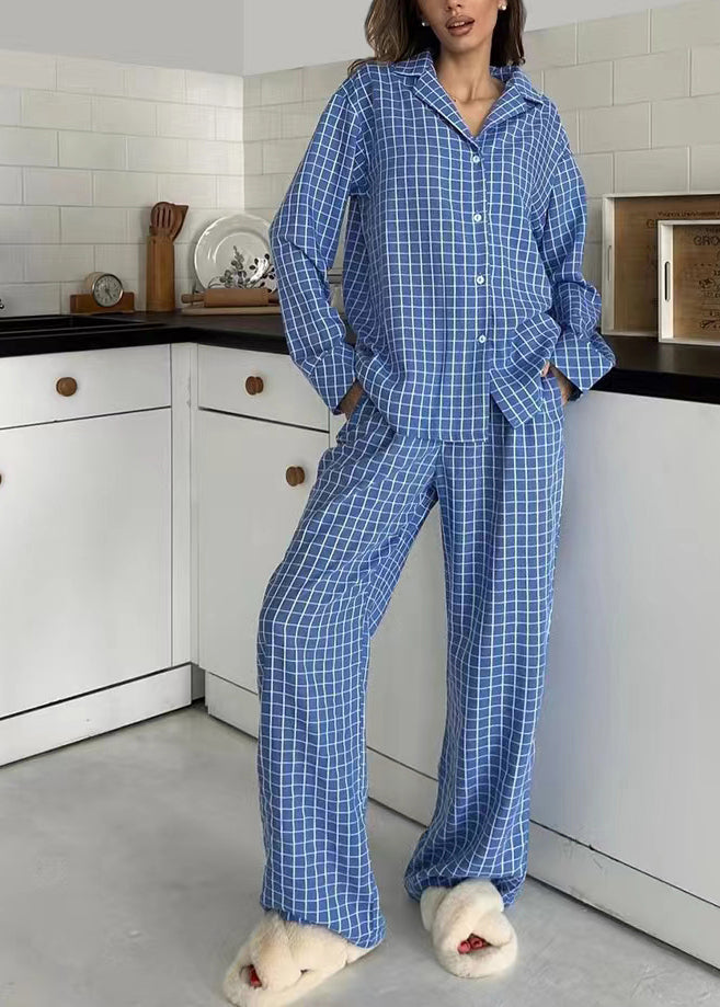 Blue Plaid Cotton Pajama Two Pieces Sets Oversized Fall