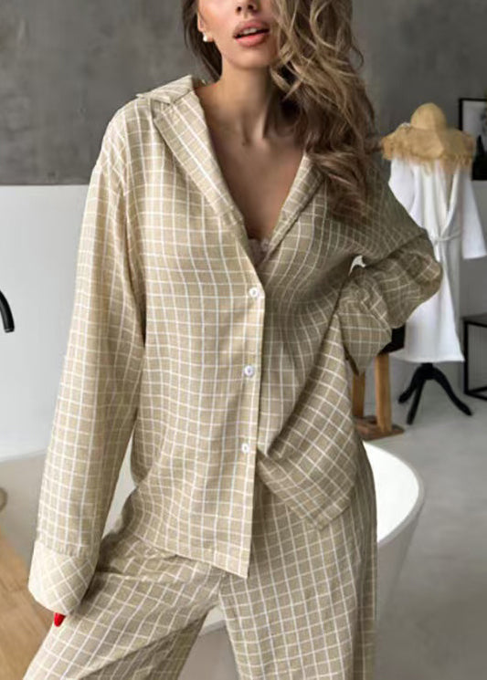 Blue Plaid Cotton Pajama Two Pieces Sets Oversized Fall