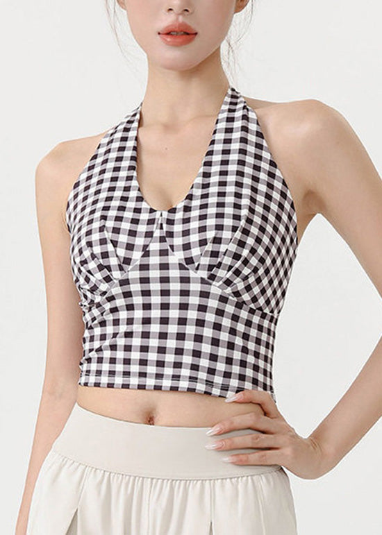 Blue Plaid Sports Neck Hanging Yoga Camisole Tank