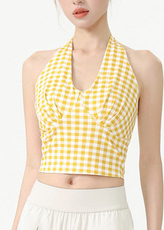 Blue Plaid Sports Neck Hanging Yoga Camisole Tank