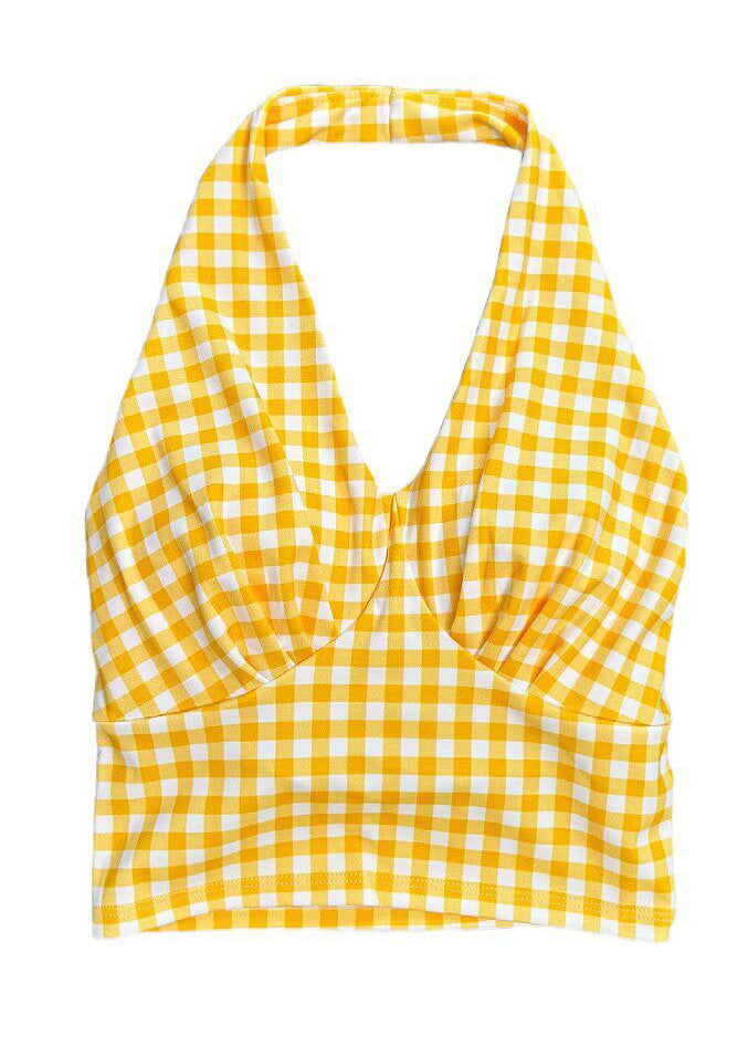 Blue Plaid Sports Neck Hanging Yoga Camisole Tank