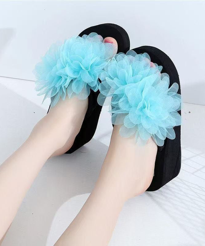 Blue Platform Faux Leather DIY Flower Thong Sandals