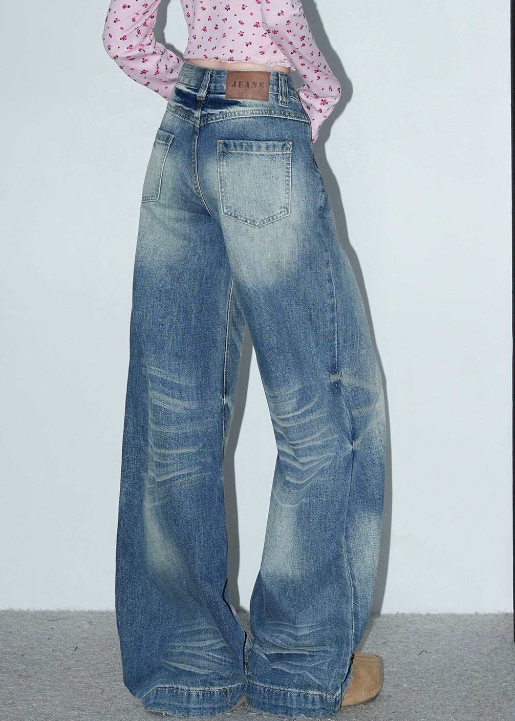 Blue Pockets Denim Wide Leg Pants High Waist Spring