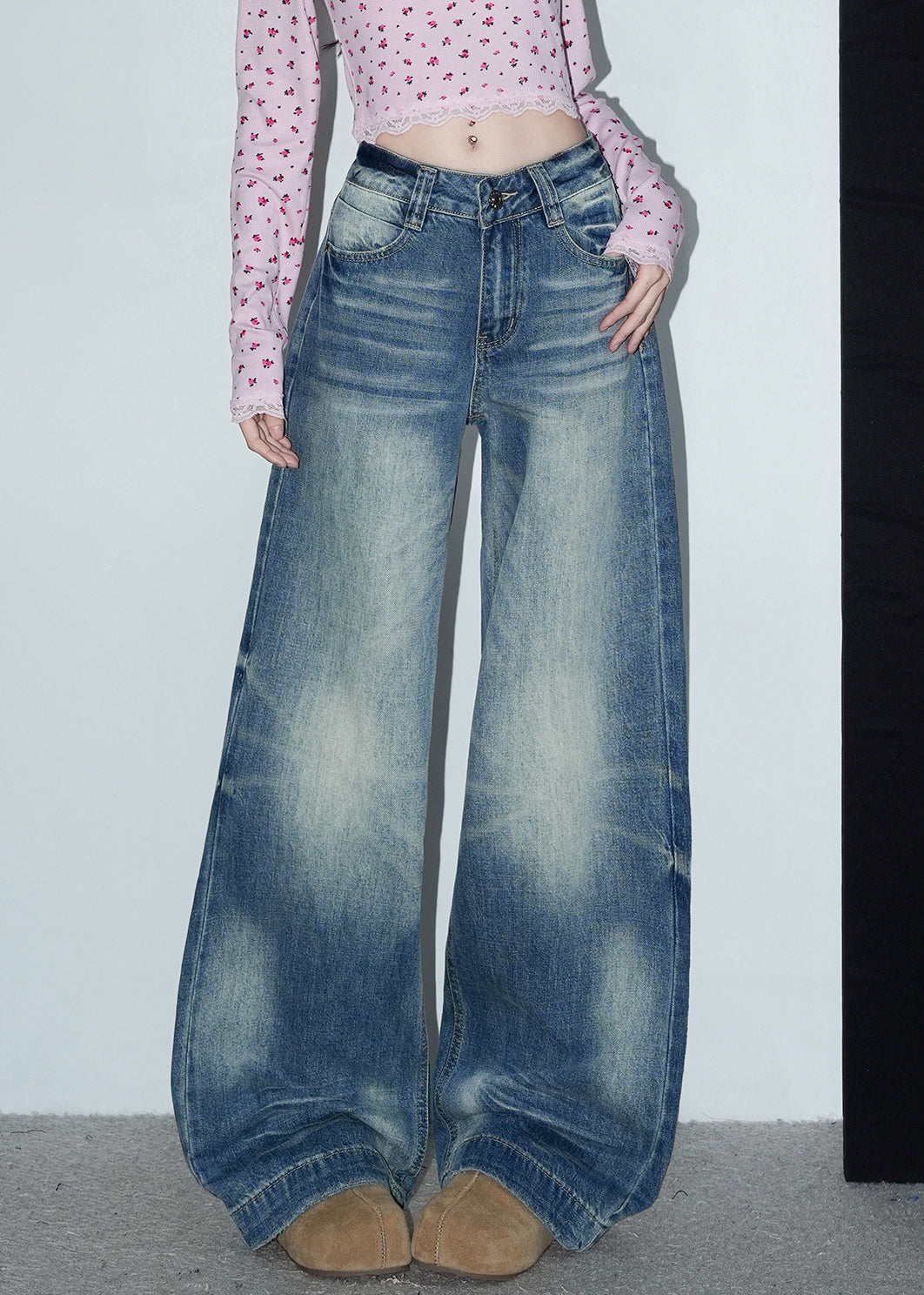 Blue Pockets Denim Wide Leg Pants High Waist Spring