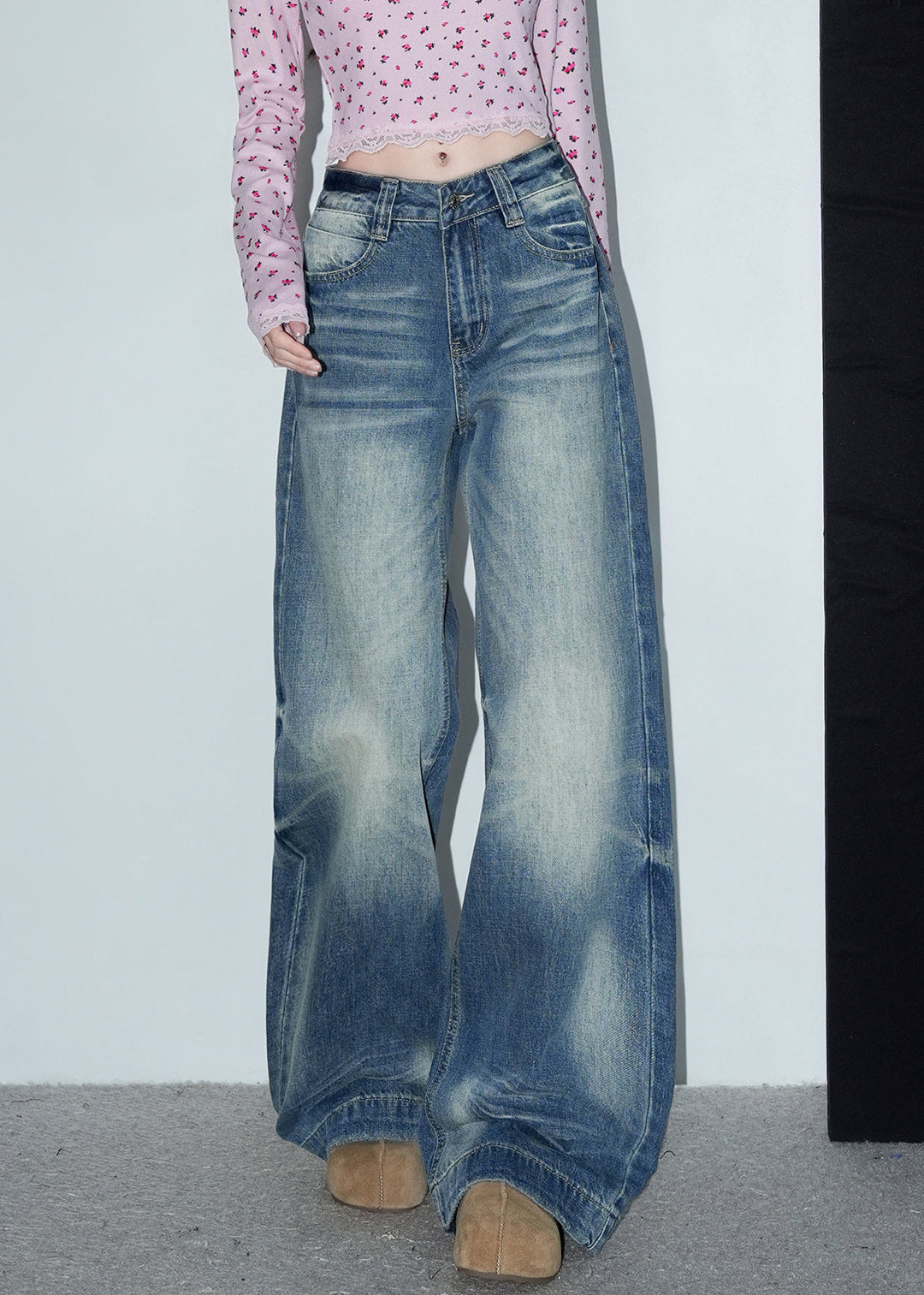 Blue Pockets Denim Wide Leg Pants High Waist Spring