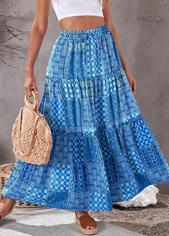 Blue Pockets Elastic Waist Maxi Skirts Summer