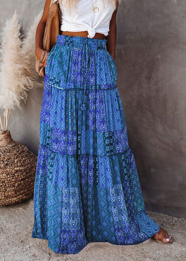 Blue Pockets Elastic Waist Maxi Skirts Summer