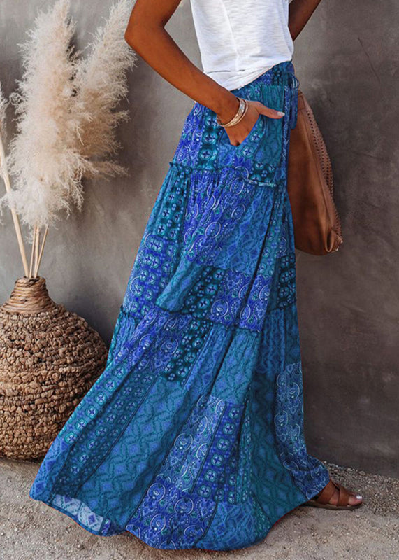 Blue Pockets Elastic Waist Maxi Skirts Summer
