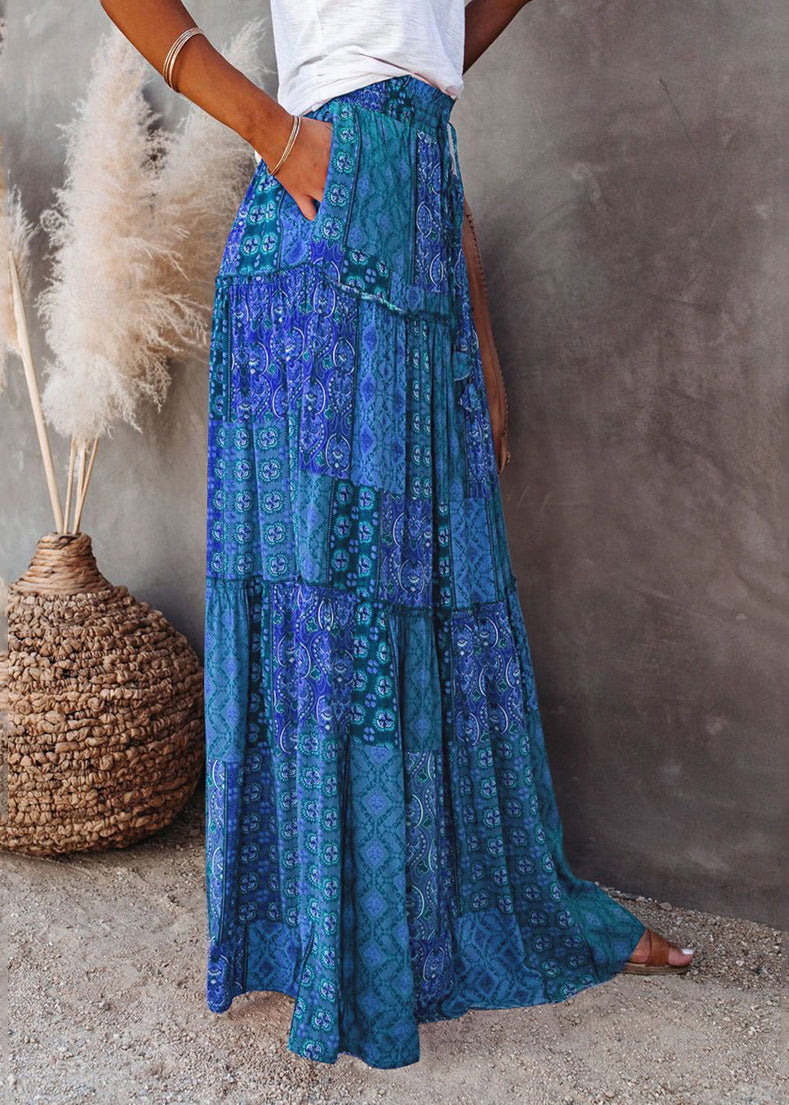 Blue Pockets Elastic Waist Maxi Skirts Summer
