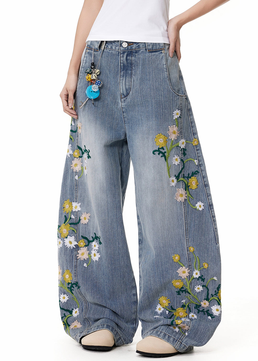 Blue Pockets High Waist Denim Wide Leg Pants Embroidered