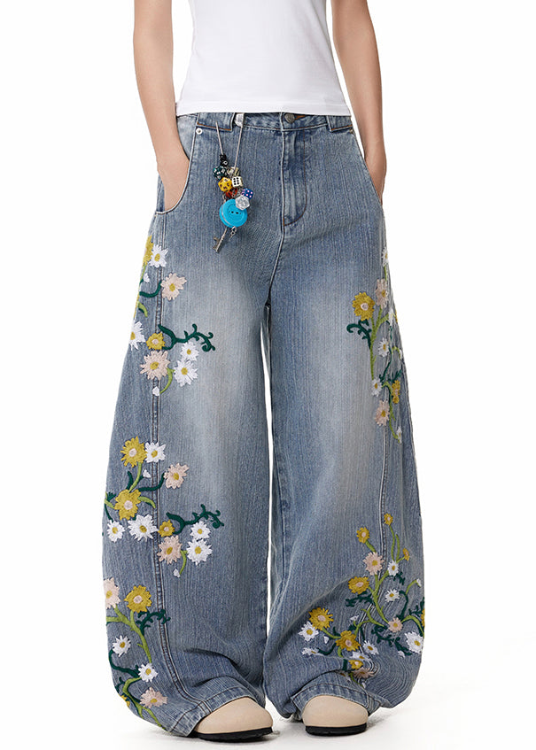 Blue Pockets High Waist Denim Wide Leg Pants Embroidered