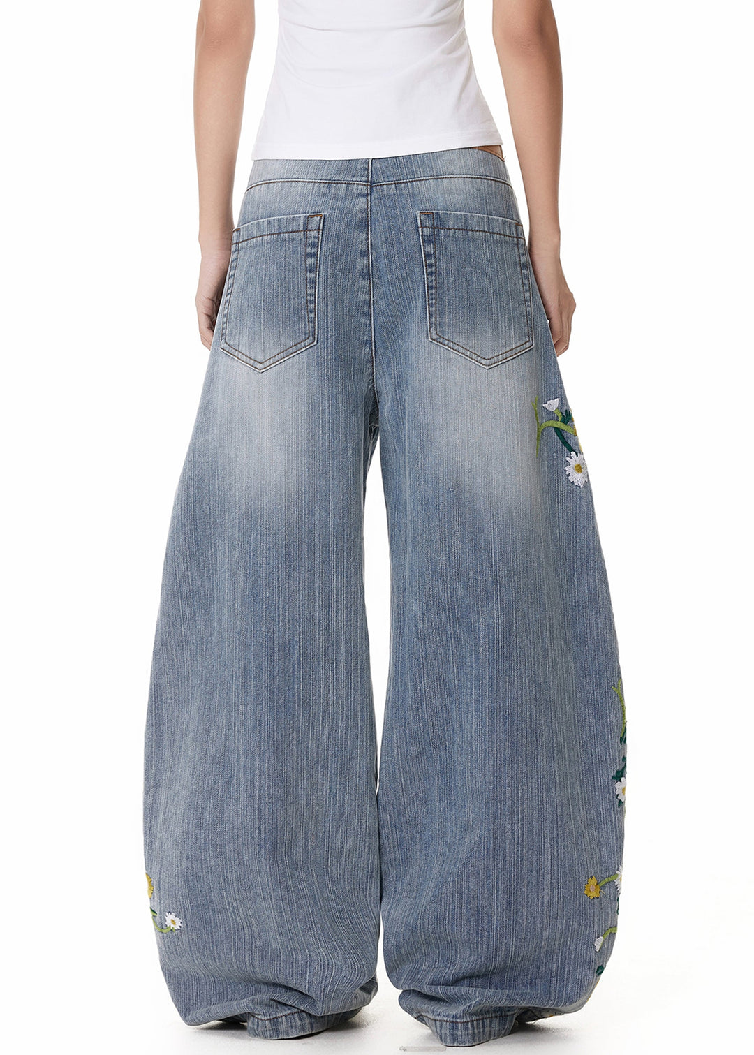 Blue Pockets High Waist Denim Wide Leg Pants Embroidered
